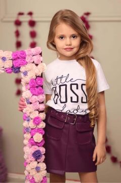 Kız Çocuk Little Yazı Baskılı T-Shirt Cep Detaylı Kemerli Bordo Deri Etekli Takım