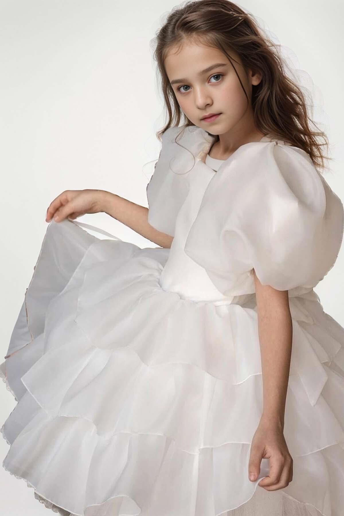 Kız Çocuk Balon Kollu Eteği KatKat Fırfırlı İçi Astarlı Beyaz Abiye