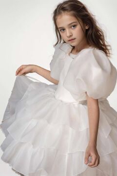 Kız Çocuk Balon Kollu Eteği KatKat Fırfırlı İçi Astarlı Beyaz Abiye