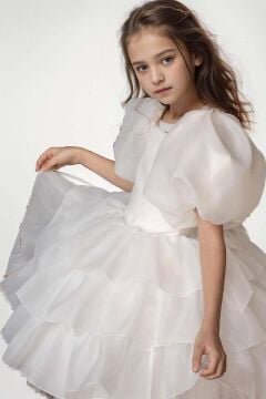 Kız Çocuk Balon Kollu Eteği KatKat Fırfırlı İçi Astarlı Beyaz Abiye