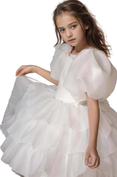 Kız Çocuk Balon Kollu Eteği KatKat Fırfırlı İçi Astarlı Beyaz Abiye