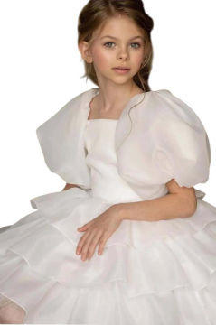 Kız Çocuk Balon Kollu Eteği KatKat Fırfırlı İçi Astarlı Beyaz Abiye