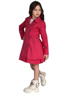 Kız Çocuk Çiçek Desenli Piliseli Kırmızı Trençkotlu Elbise