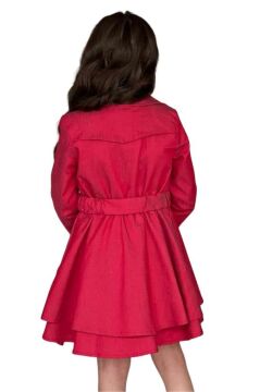 Kız Çocuk Çiçek Desenli Piliseli Kırmızı Trençkotlu Elbise