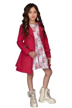 Kız Çocuk Çiçek Desenli Piliseli Kırmızı Trençkotlu Elbise