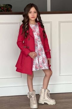 Kız Çocuk Çiçek Desenli Piliseli Kırmızı Trençkotlu Elbise