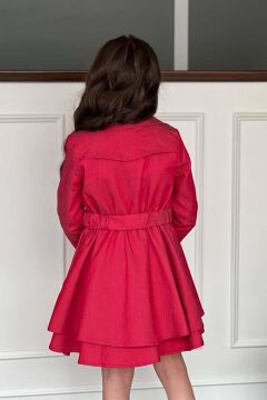 Kız Çocuk Çiçek Desenli Piliseli Kırmızı Trençkotlu Elbise