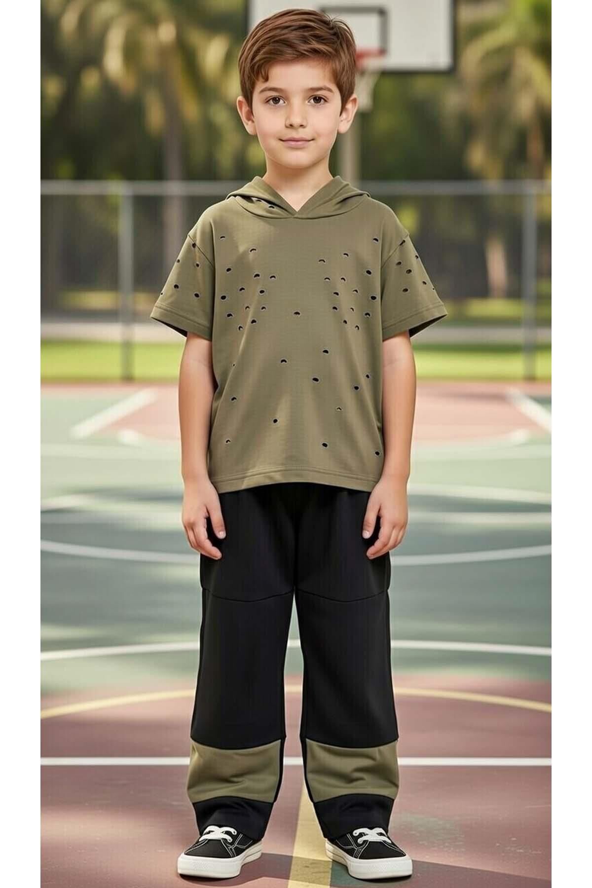 Erkek Çocuk Üzeri Delikli Kapüşonlu Haki T-Shirt Beli Lastikli Alt Eşofman Takım