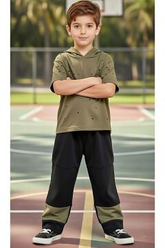 Erkek Çocuk Üzeri Delikli Kapüşonlu Haki T-Shirt Beli Lastikli Alt Eşofman Takım