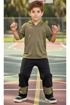 Erkek Çocuk Üzeri Delikli Kapüşonlu Haki T-Shirt Beli Lastikli Alt Eşofman Takım