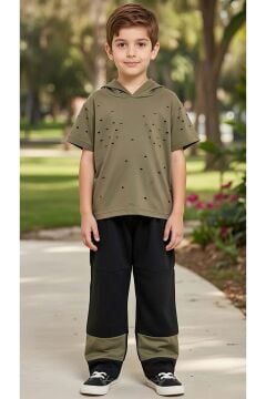 Erkek Çocuk Üzeri Delikli Kapüşonlu Haki T-Shirt Beli Lastikli Alt Eşofman Takım