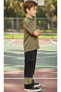 Erkek Çocuk Üzeri Delikli Kapüşonlu Haki T-Shirt Beli Lastikli Alt Eşofman Takım