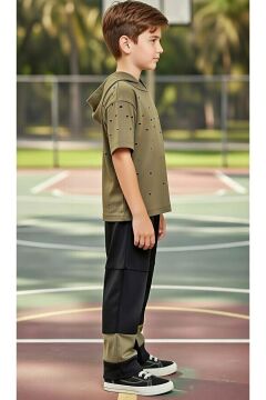 Erkek Çocuk Üzeri Delikli Kapüşonlu Haki T-Shirt Beli Lastikli Alt Eşofman Takım