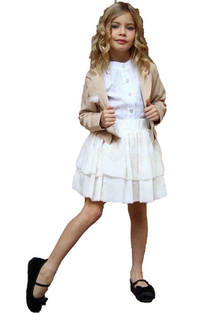 Kız Çocuk Broşlu Ceket ve Şifon Balon Krem Etekli Takım