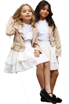 Kız Çocuk Broşlu Ceket ve Şifon Balon Krem Etekli Takım