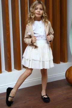 Kız Çocuk Broşlu Ceket ve Şifon Balon Krem Etekli Takım