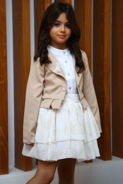 Kız Çocuk Broşlu Ceket ve Şifon Balon Krem Etekli Takım