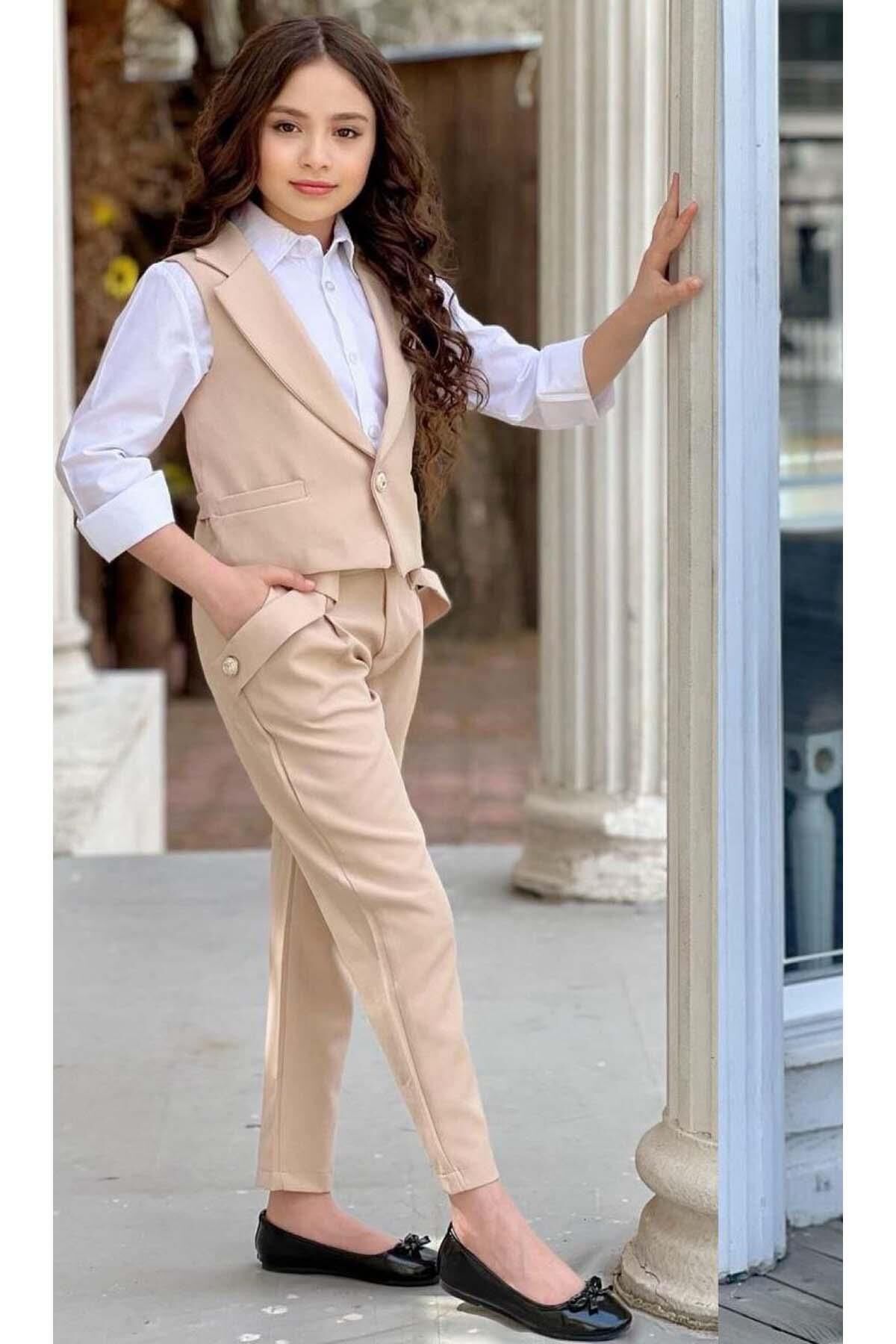 Kız Çocuk Gümüş Düğme Detaylı Yelek Gabardin Beyaz Gömlek Krem Alt Üst Takım