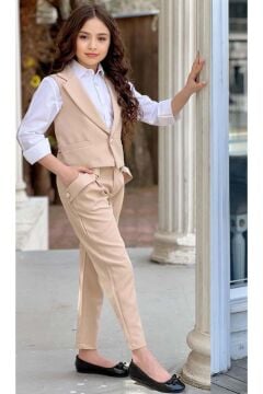 Kız Çocuk Gümüş Düğme Detaylı Yelek Gabardin Beyaz Gömlek Krem Alt Üst Takım