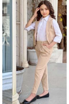 Kız Çocuk Gümüş Düğme Detaylı Yelek Gabardin Beyaz Gömlek Krem Alt Üst Takım