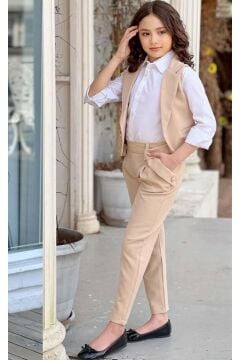 Kız Çocuk Gümüş Düğme Detaylı Yelek Gabardin Beyaz Gömlek Krem Alt Üst Takım