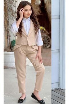 Kız Çocuk Gümüş Düğme Detaylı Yelek Gabardin Beyaz Gömlek Krem Alt Üst Takım