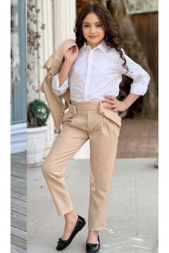 Kız Çocuk Gümüş Düğme Detaylı Yelek Gabardin Beyaz Gömlek Krem Alt Üst Takım