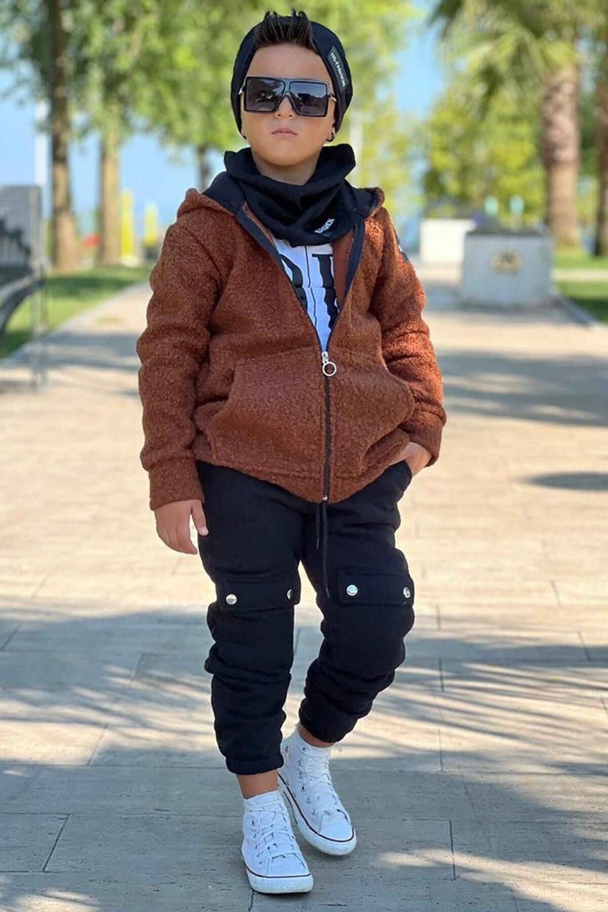 Erkek Çocuk OK Yazı Baskılı Kazak Kahverengi Peluş Yünlü Ceket Penye Alt Eşofman Takım