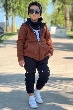 Erkek Çocuk OK Yazı Baskılı Kazak Kahverengi Peluş Yünlü Ceket Penye Alt Eşofman Takım