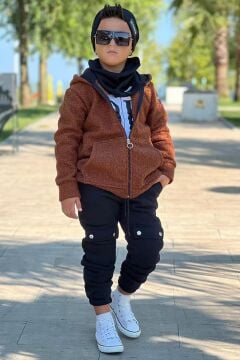 Erkek Çocuk OK Yazı Baskılı Kazak Kahverengi Peluş Yünlü Ceket Penye Alt Eşofman Takım