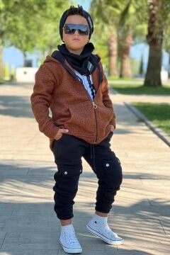 Erkek Çocuk OK Yazı Baskılı Kazak Kahverengi Peluş Yünlü Ceket Penye Alt Eşofman Takım