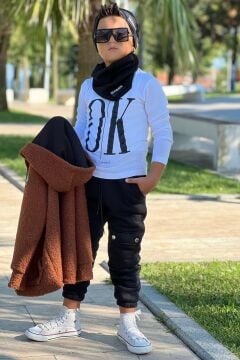 Erkek Çocuk OK Yazı Baskılı Kazak Kahverengi Peluş Yünlü Ceket Penye Alt Eşofman Takım