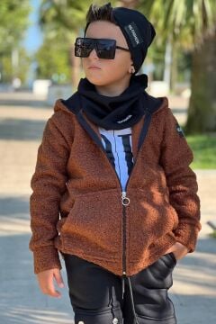 Erkek Çocuk OK Yazı Baskılı Kazak Kahverengi Peluş Yünlü Ceket Penye Alt Eşofman Takım