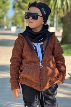 Erkek Çocuk OK Yazı Baskılı Kazak Kahverengi Peluş Yünlü Ceket Penye Alt Eşofman Takım