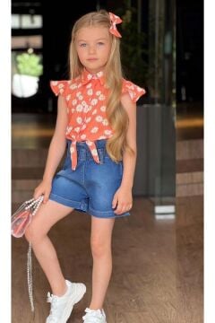 Kız Çocuk Bebe Yaka Papatya Baskılı Omzu Fırfırlı Gömlek Beli Lastikli Jean Şortlu Takım