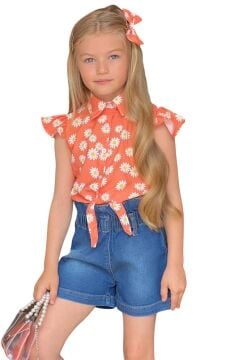 Kız Çocuk Bebe Yaka Papatya Baskılı Omzu Fırfırlı Gömlek Beli Lastikli Jean Şortlu Takım