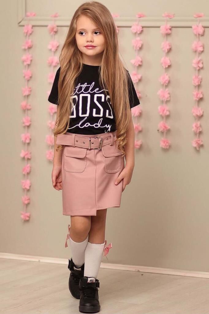 Kız Çocuk Little Yazı Baskılı T-Shirt Cep Detaylı Kemerli Pudra Deri Etekli Takım