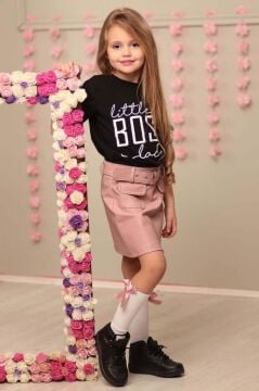 Kız Çocuk Little Yazı Baskılı T-Shirt Cep Detaylı Kemerli Pudra Deri Etekli Takım