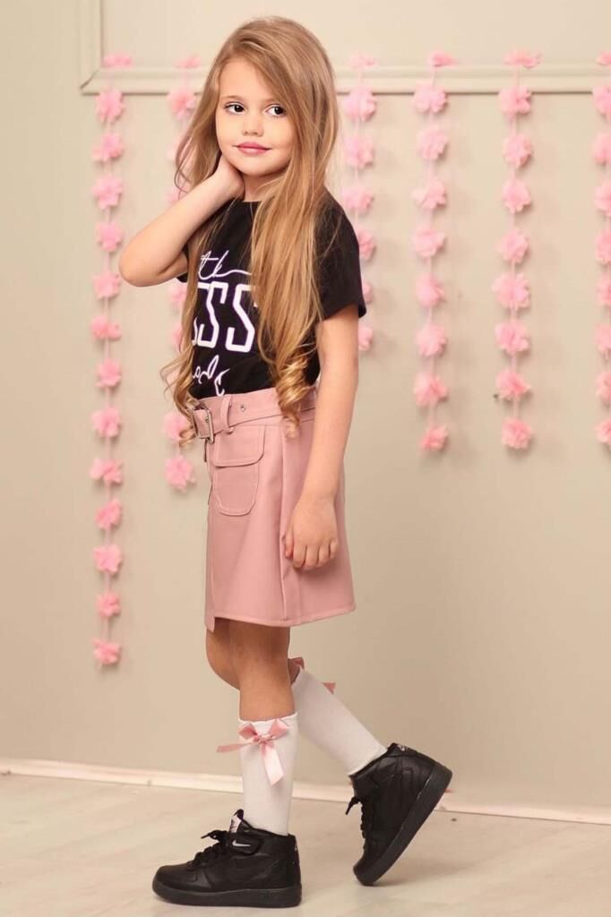 Kız Çocuk Little Yazı Baskılı T-Shirt Cep Detaylı Kemerli Pudra Deri Etekli Takım