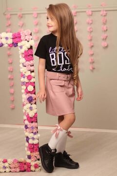 Kız Çocuk Little Yazı Baskılı T-Shirt Cep Detaylı Kemerli Pudra Deri Etekli Takım