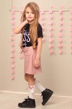 Kız Çocuk Little Yazı Baskılı T-Shirt Cep Detaylı Kemerli Pudra Deri Etekli Takım