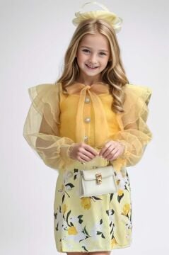 Kız Çocuk Boydan Düğmelei Transparan Detaylı Sarı Etekli Takım