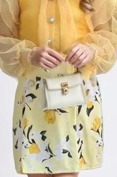 Kız Çocuk Boydan Düğmelei Transparan Detaylı Sarı Etekli Takım