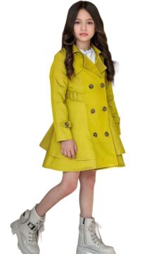 Kız Çocuk Çiçek Desenli Piliseli Sarı Trençkotlu Elbise