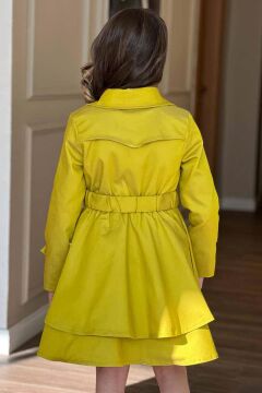 Kız Çocuk Çiçek Desenli Piliseli Sarı Trençkotlu Elbise