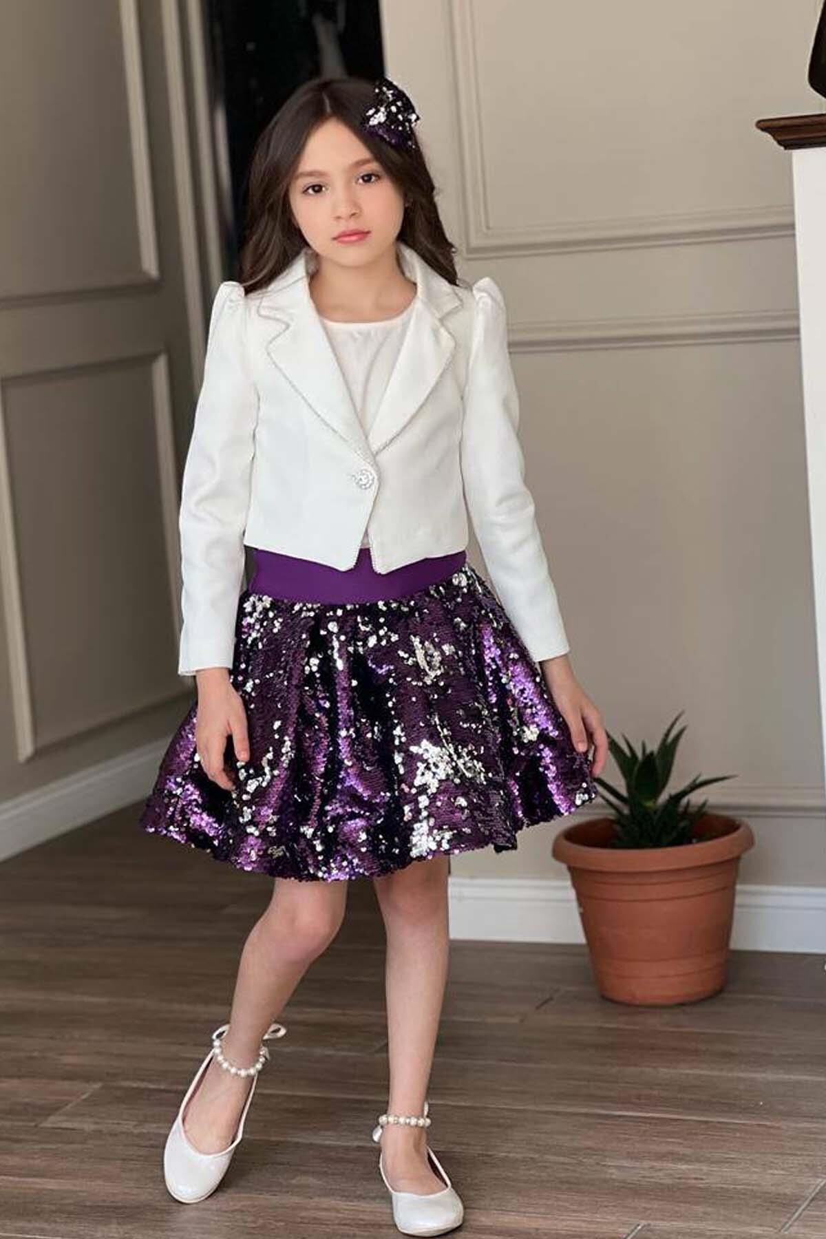 Kız Çocuk Kruvaze Yaka Kenarlar Taş Şerit İşlemeli Ceket Mor Pullu Etekli Takım