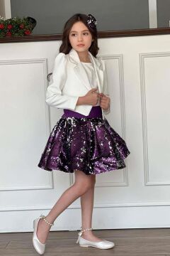 Kız Çocuk Kruvaze Yaka Kenarlar Taş Şerit İşlemeli Ceket Mor Pullu Etekli Takım