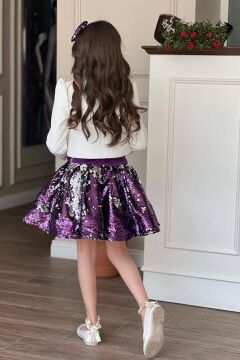 Kız Çocuk Kruvaze Yaka Kenarlar Taş Şerit İşlemeli Ceket Mor Pullu Etekli Takım