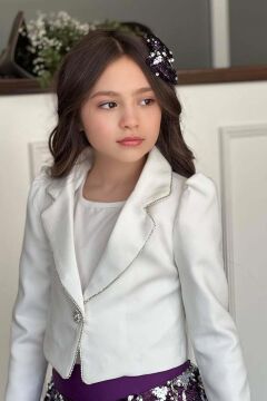 Kız Çocuk Kruvaze Yaka Kenarlar Taş Şerit İşlemeli Ceket Mor Pullu Etekli Takım