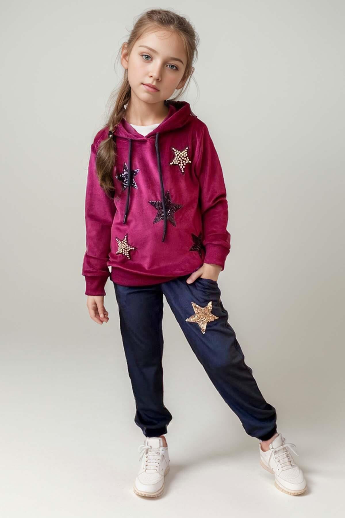 Kız Çocuk Pullu Yıldız İşlemli Kadife Sweatshirt Eşofman Altı Bordo Eşofman Takım